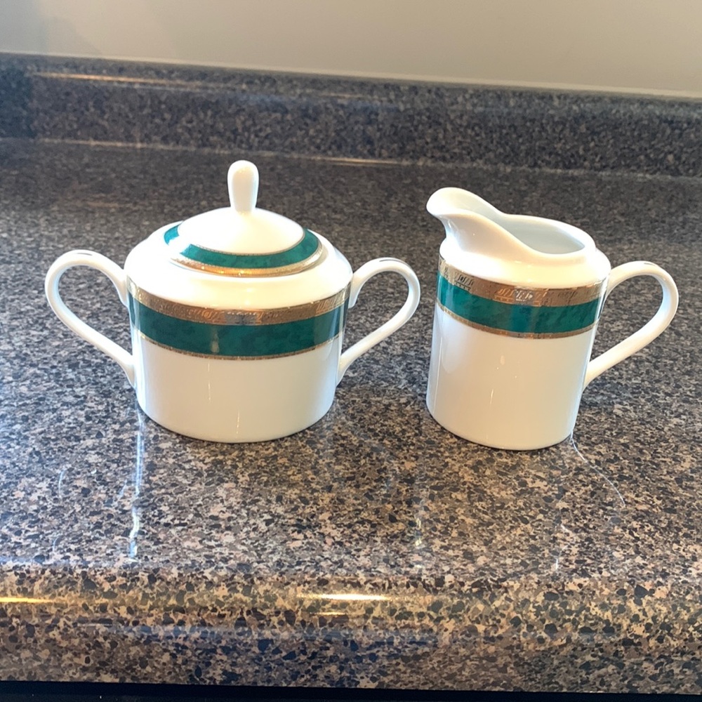 White Porcelain Sugar and Creamer Set with Teal and Gold Band